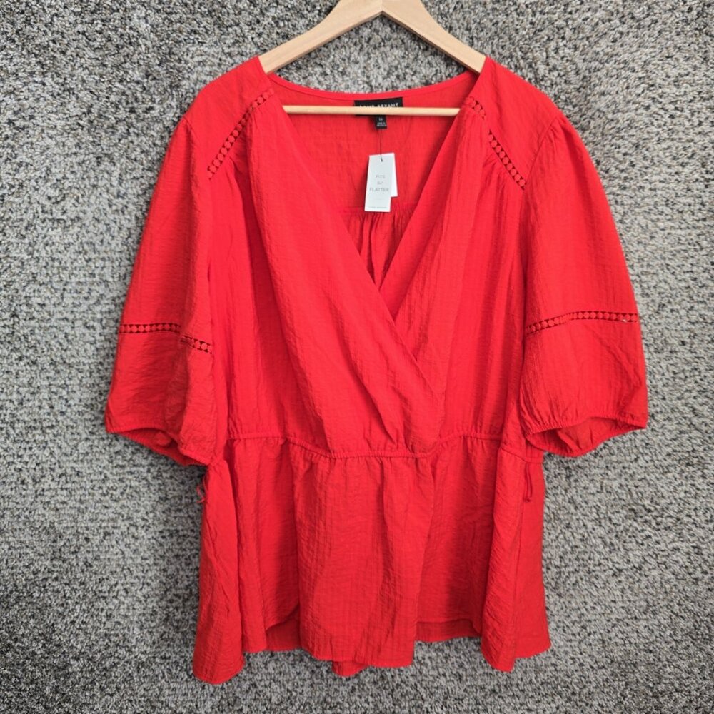 Lane Bryant Top Womens Plus 24 Red Surplice Neck Blouse Short Sleeve Ladies